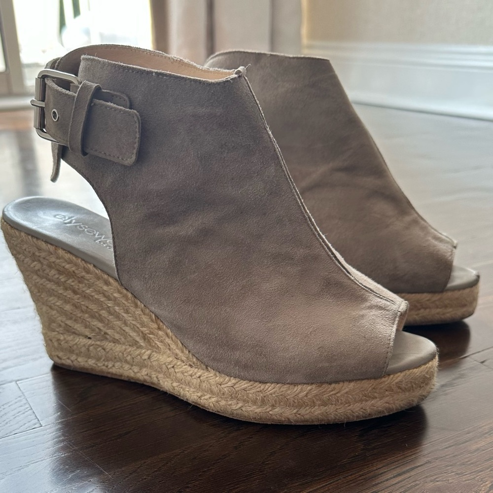 Elyse Walker “Lesley” taupe suede open toe espadrille.